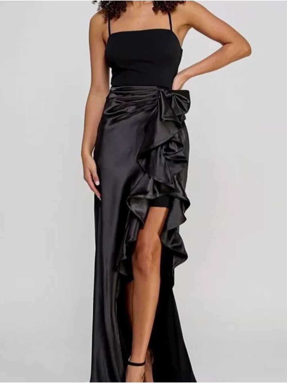City Studio Black Satin High-Low Ruffle Maxi Dress